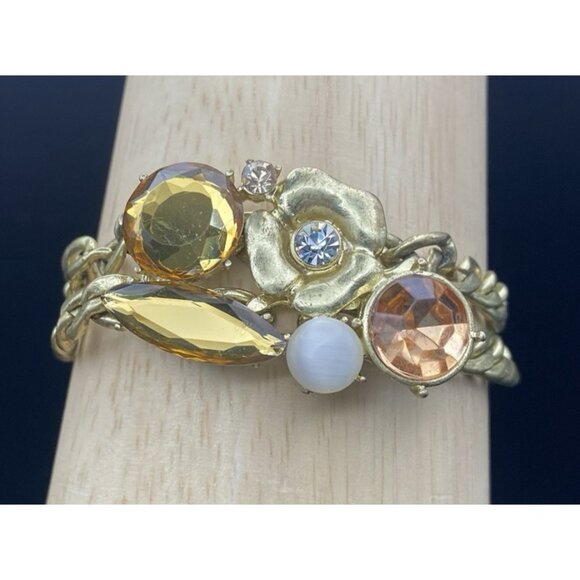 Chicos Gold Tone Chain Bracelet Toggle Clasp Cats Eye Glass Crystal Floral Fall - Picture 6 of 10